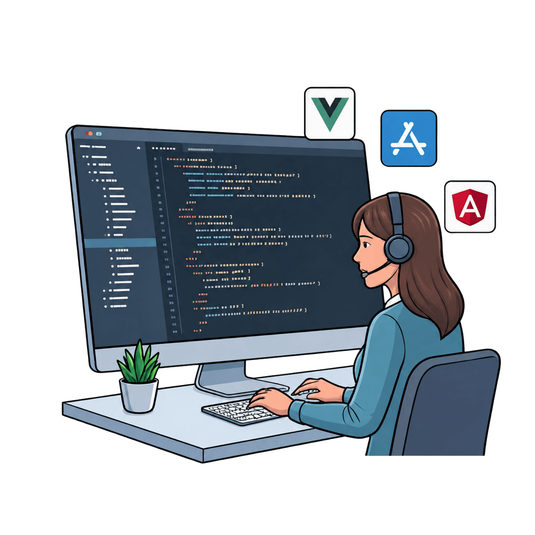 App engineer working at a desktop coding workstation